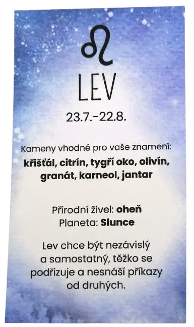 Esoterická kartička Lev – horoskop, planeta a živly v praktickém formátu
