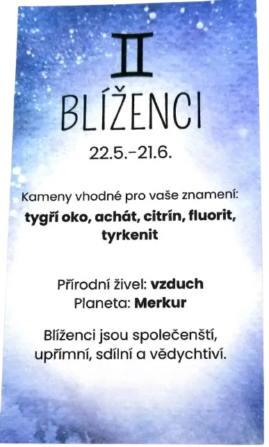 Kartička znamení Blíženci – osobní talisman a průvodce energií