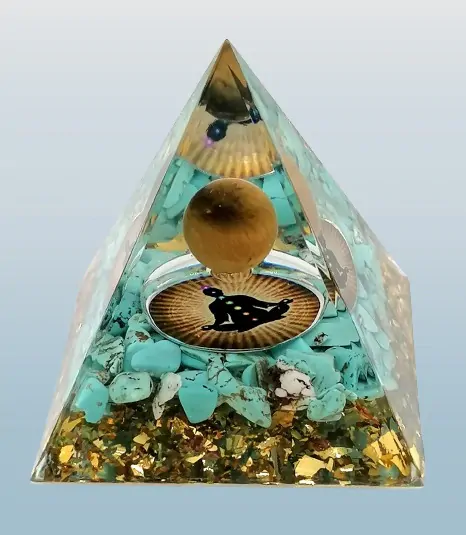 Orgonitová pyramida s tyrkenitem a kuličkou z tygřího oka