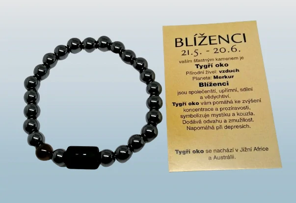 Hematitový náramek znamení zvěrokruhu Blíženci s kartičkou