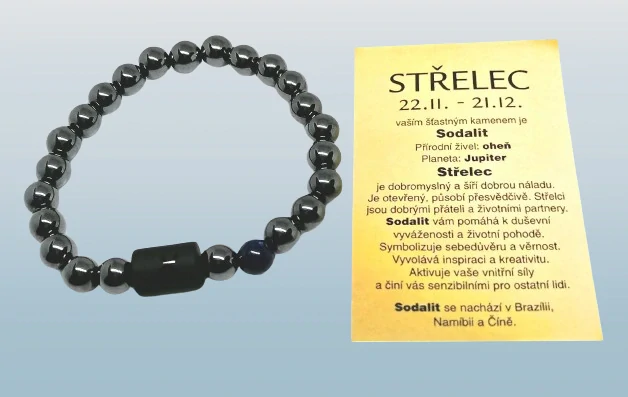 Hematitový náramek znamení zvěrokruhu Střelec s kartičkou