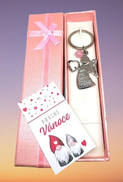 Vánočně balená klíčenka s minerálem pro štěstí plus kartička vánoční