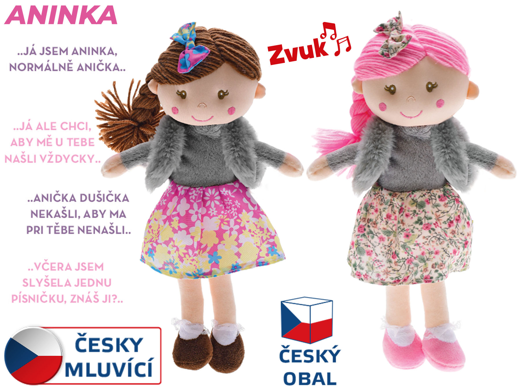 Panenka Aninka růžová, hadrová 30cm měkké tělo na baterie česky mluvící