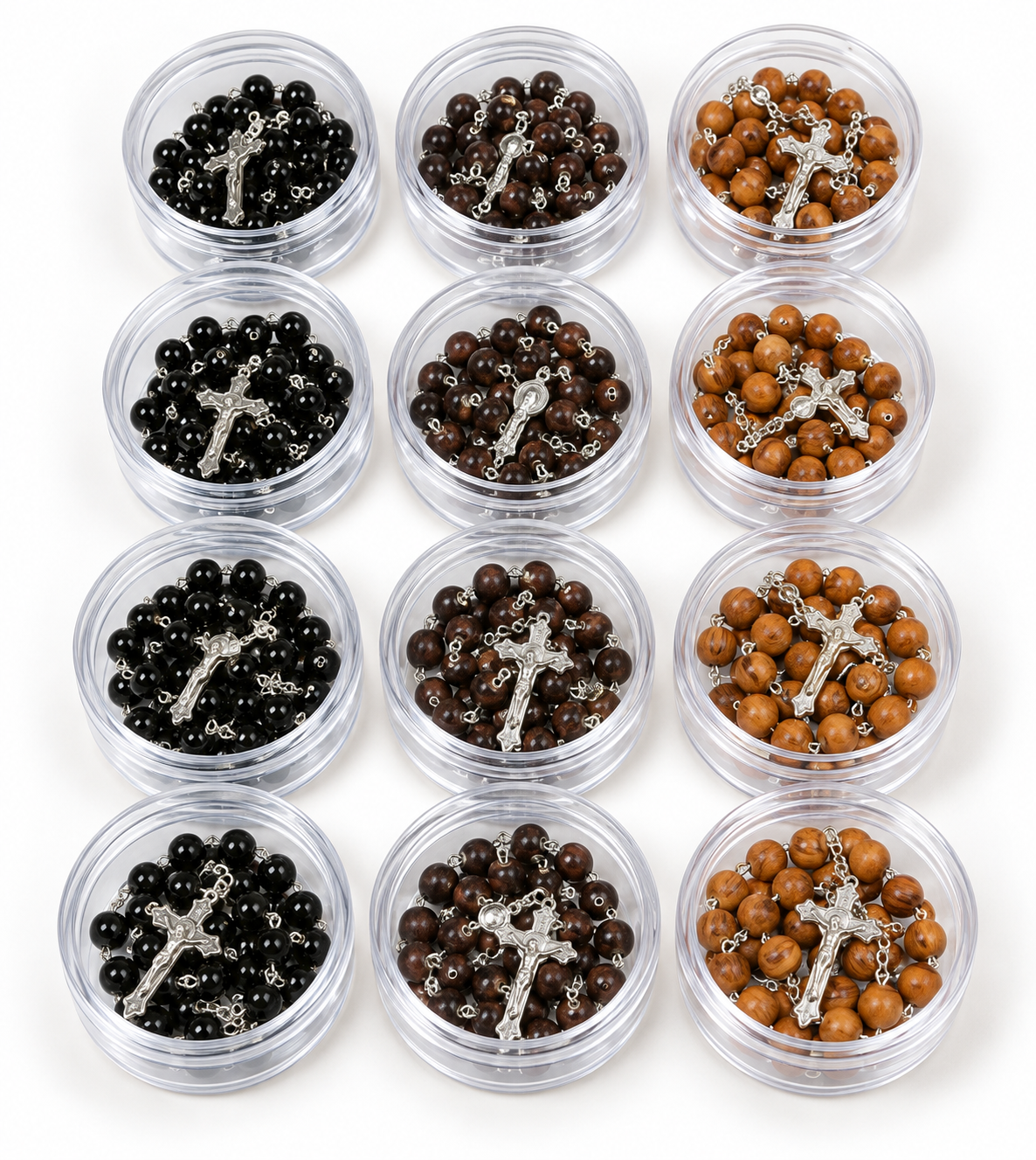 Sada 12 dřevěných růženců – modlitební pomůcka v krabičce