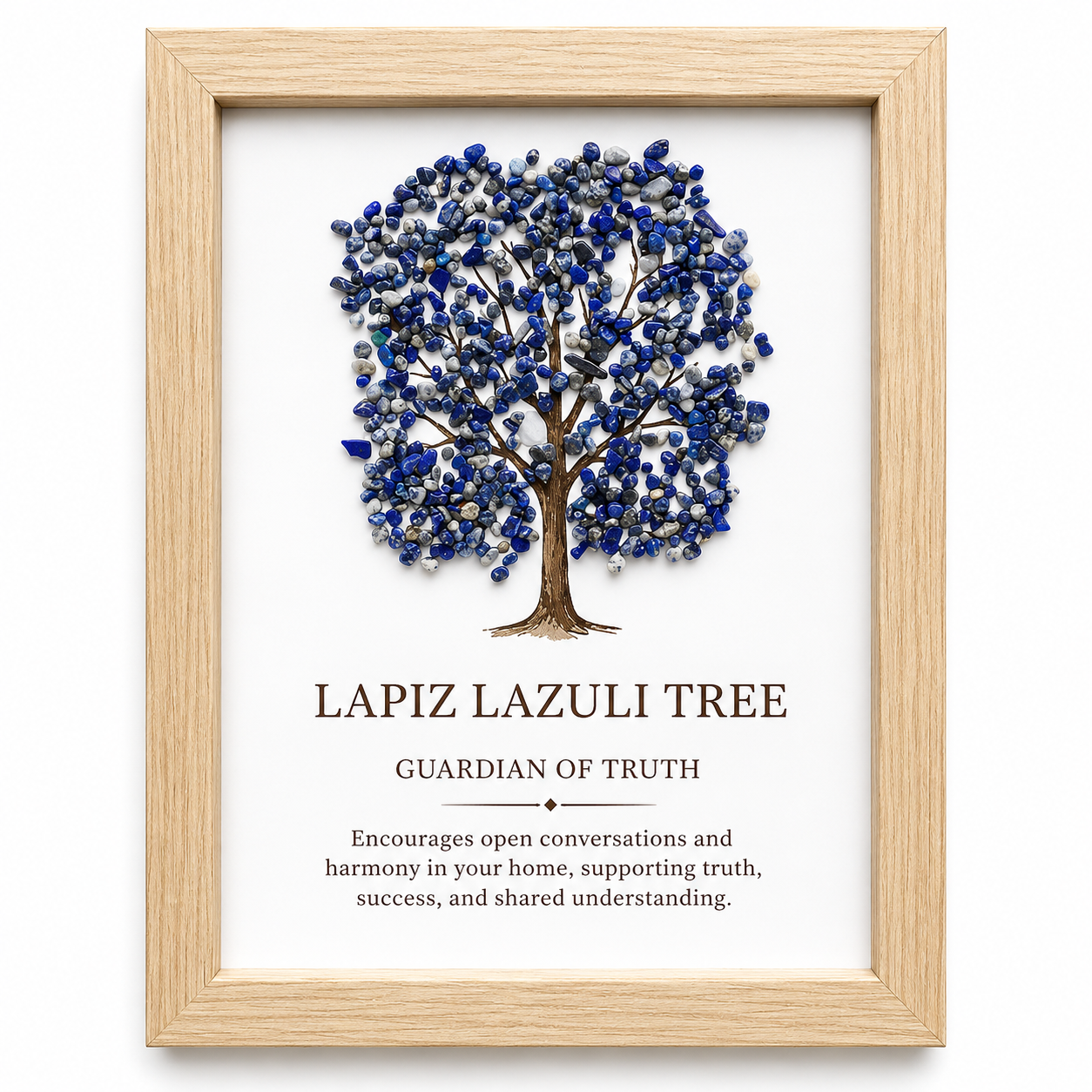 Strom života v dřevěném rámu s lapisem lazuli 21 × 15,5 cm – duchovní dekorace pro klid a ochranu