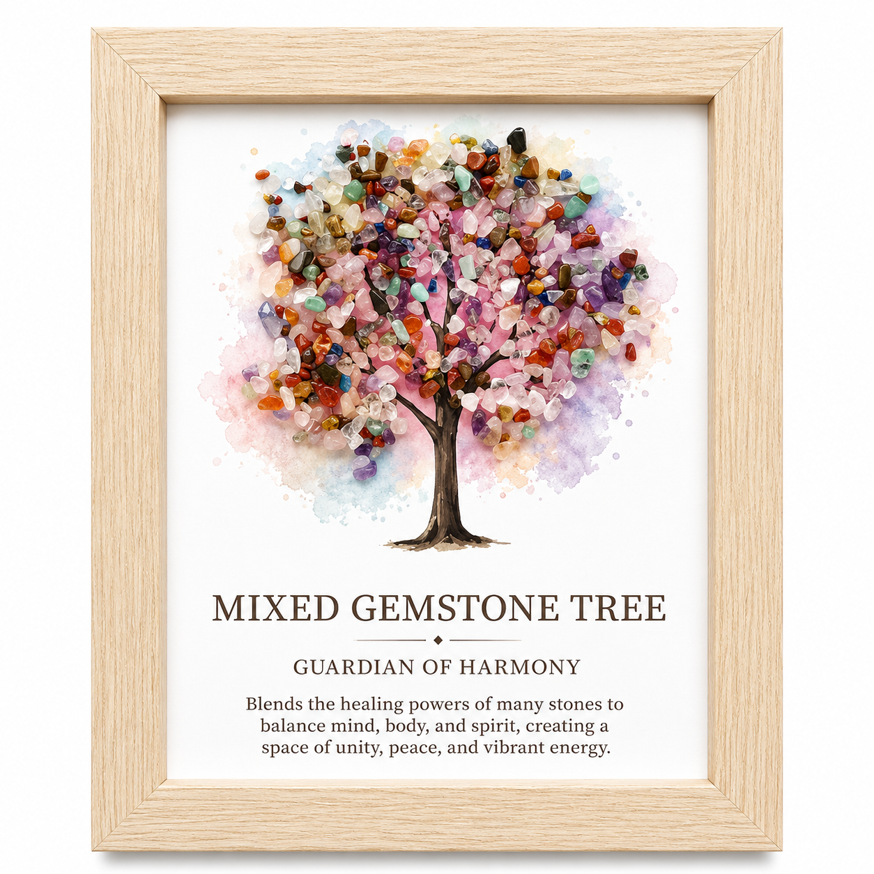Strom života v dřevěném rámu s mixem minerálů 21 × 15,5 cm – duchovní dekorace pro klid a ochranu