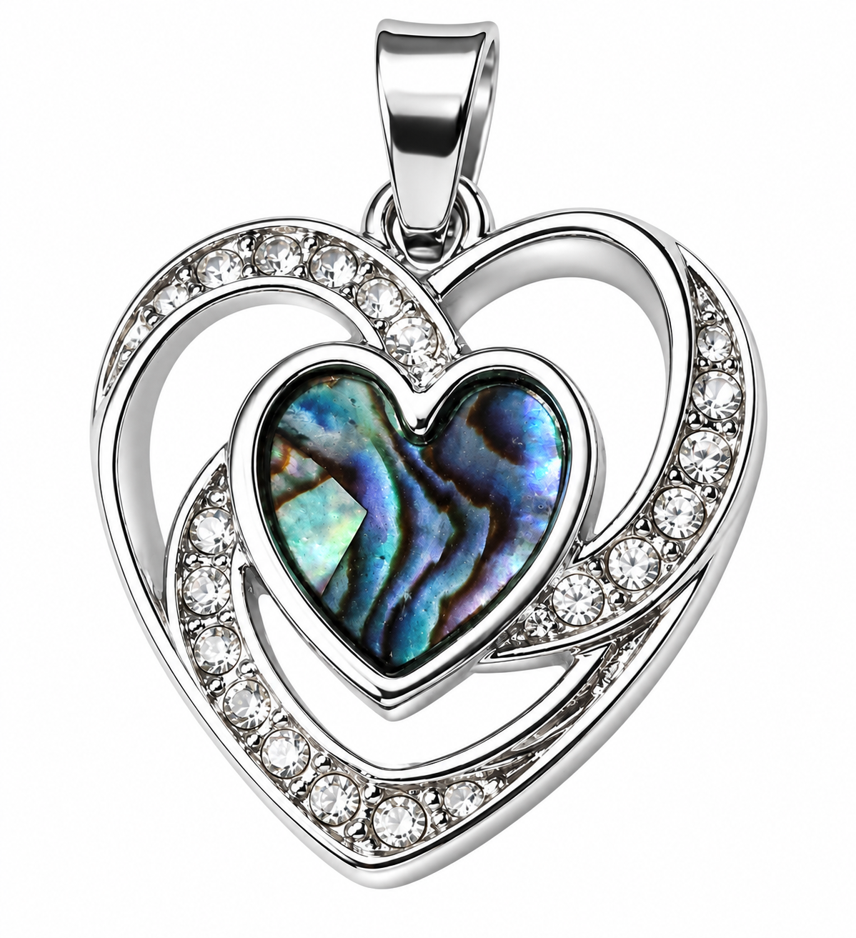 Přívěsek srdíčko z Paua Abalone bižuterního kovu – zdobený přívěsek 1,7 × 1,9 cm