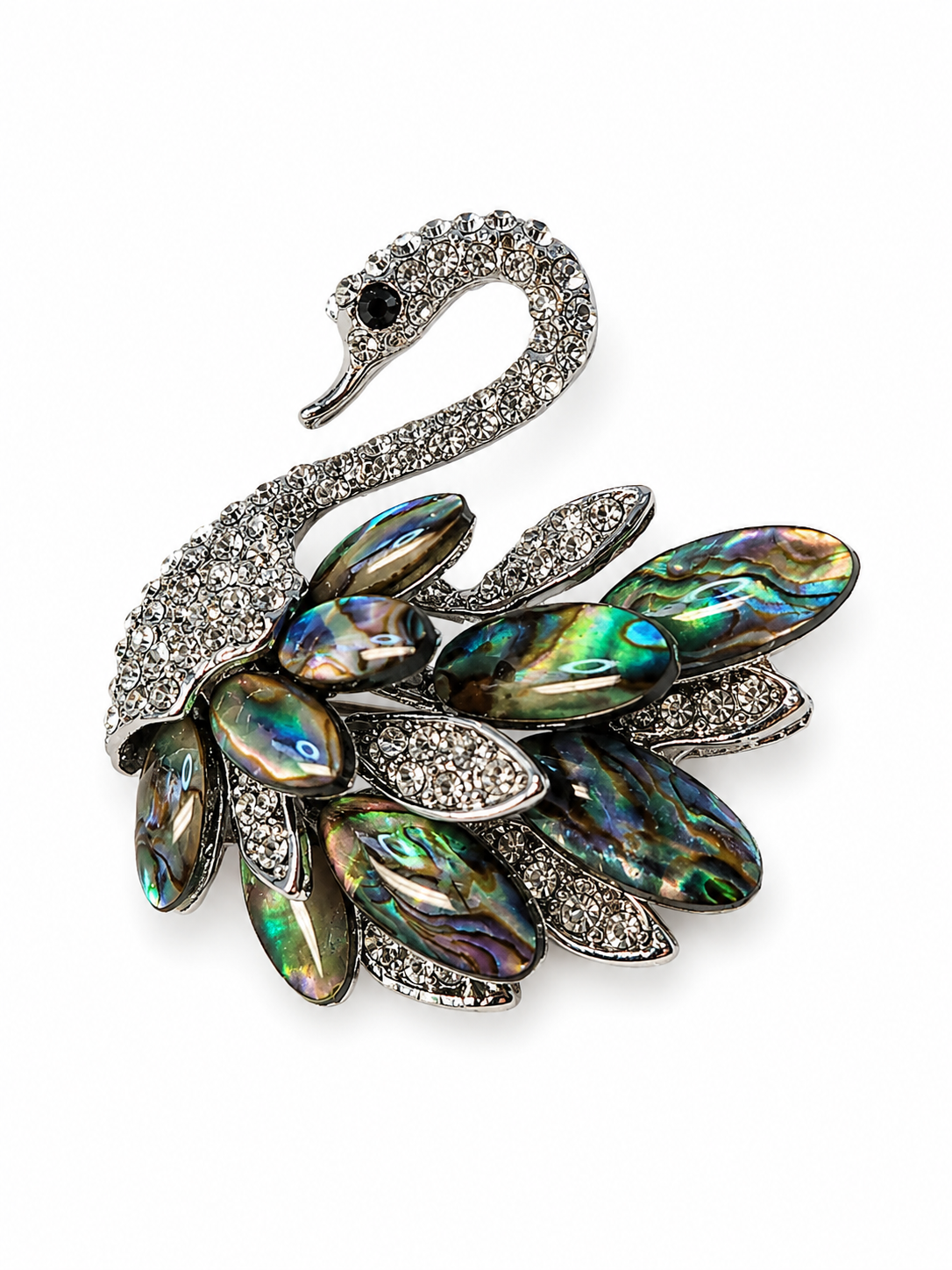 Brož labuť s mušlí Paua – Abalone | elegantní šperk 4 × 3,5 cm
