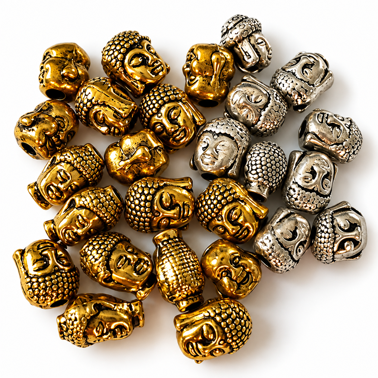 Kovové korálky BUDDHA – mix zlatých a stříbrných hlav / 1,1–1,3 cm / 26 ks