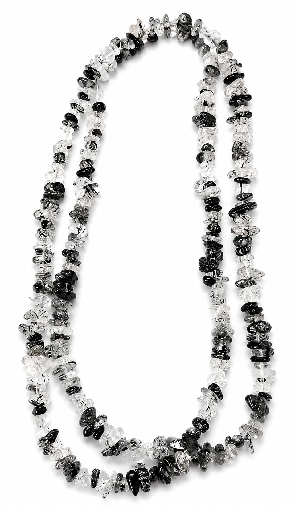 Křišťál s turmalínem, náhrdelník sekaný, dlouhý cca 85 cm