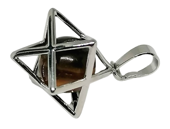 Tyrkenitová merkába s tygřím okem v kovové klícce (amulet) ochrana a harmonie