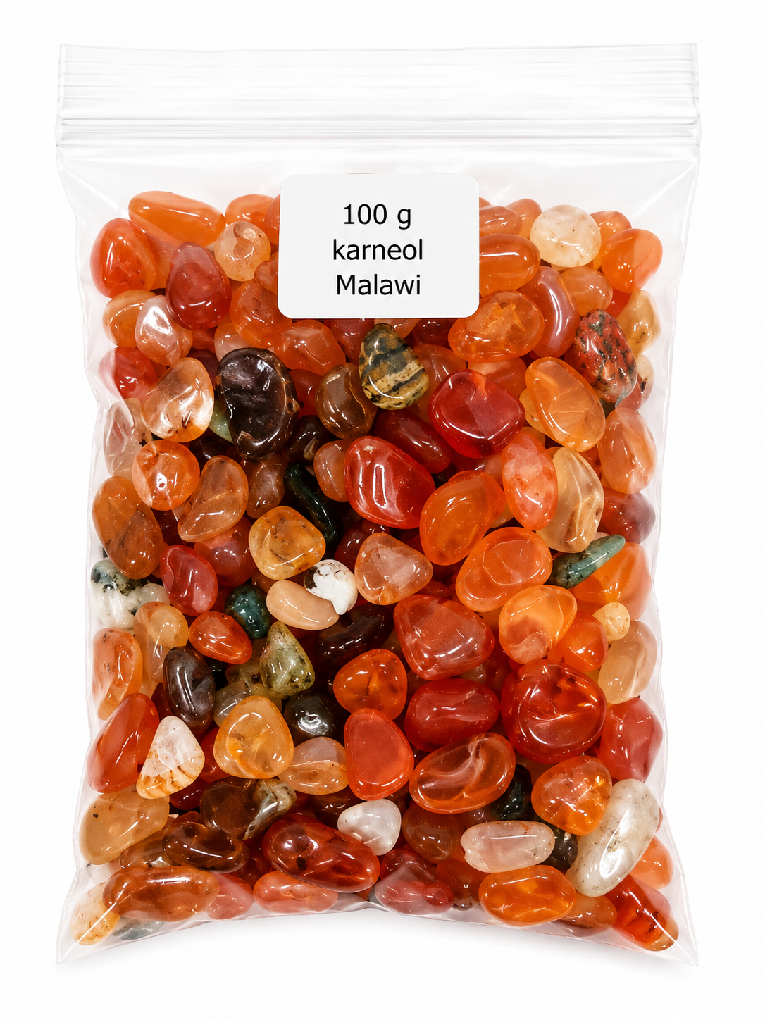 Karneol z Malawi – sekané kameny (chips 5–8 mm), balení 100 g – energie a krása přírody