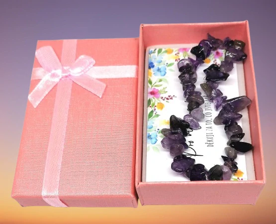 Dárková sada pro paní učitelku – Ametystový náramek, poděkování a krabička