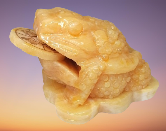 Třínohá peněžní žába obří z kalcitu cca 15,5x11,5x10 cm