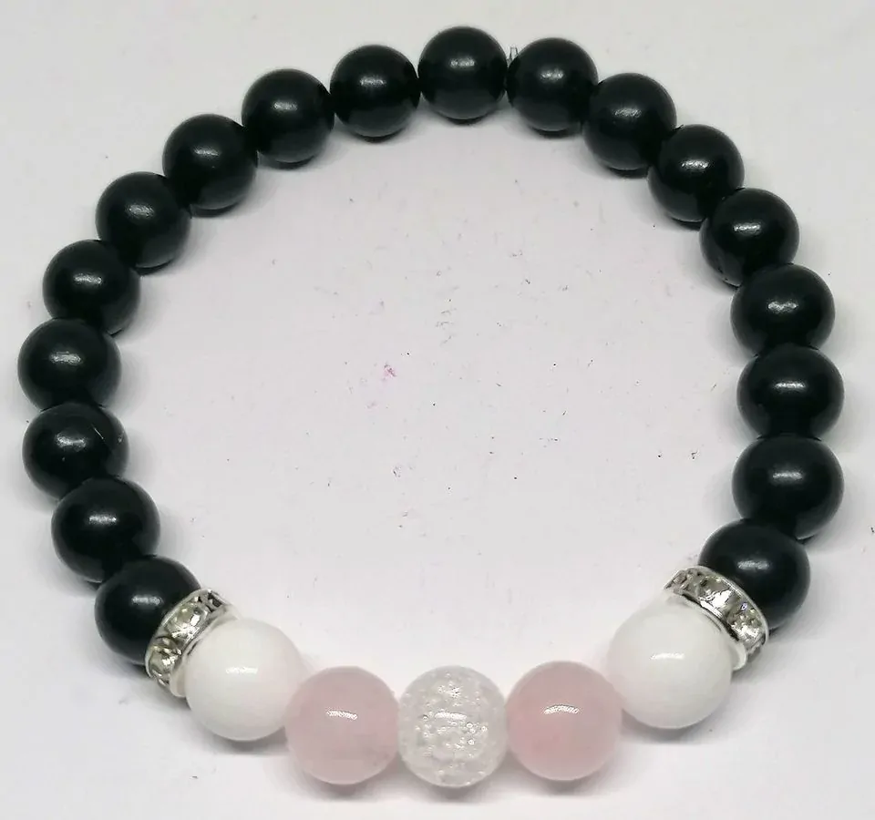 Šungitový exkluzivní náramek s růženínem a jadeitem, 8mm