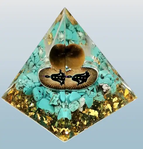 Orgonitová pyramida s tyrkenitem a kuličkou z tygřího oka