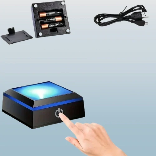 LED podstavec na minerály – černo-stříbrný stojánek na baterie i USB 