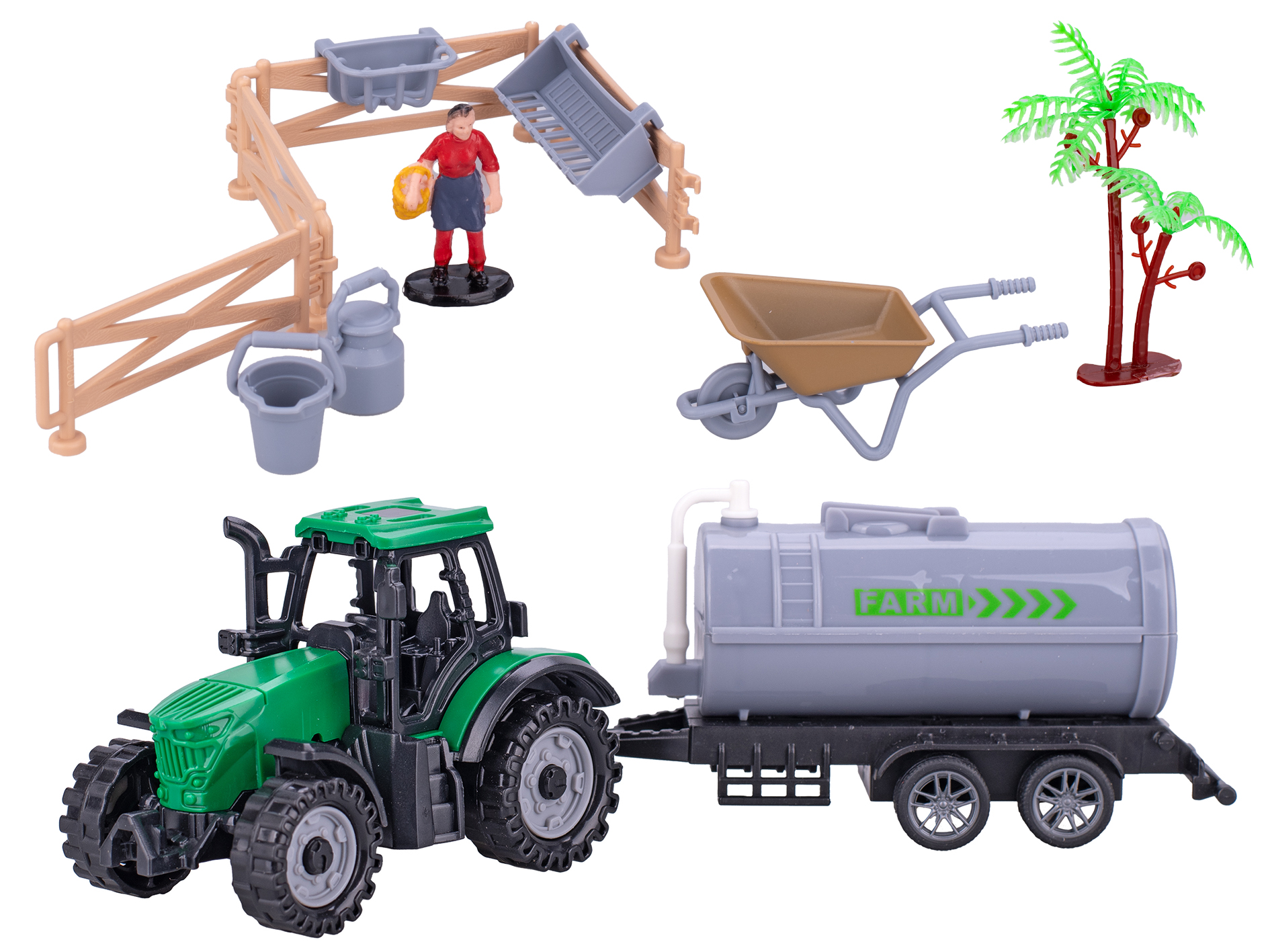 Traktor s vlečkou 19cm volný chod s doplňky v krabičce