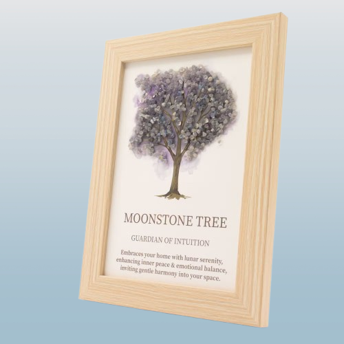 Strom života v dřevěném rámu s moonstone 21 × 15,5 cm – duchovní dekorace pro klid a ochranu
