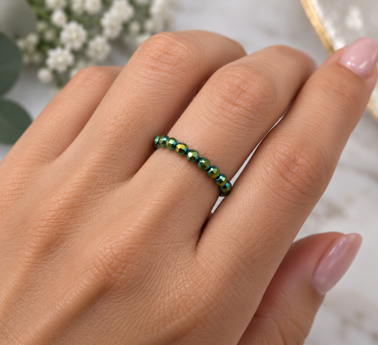 Hematitový prstýnek zelený – fazetovaný 2 mm