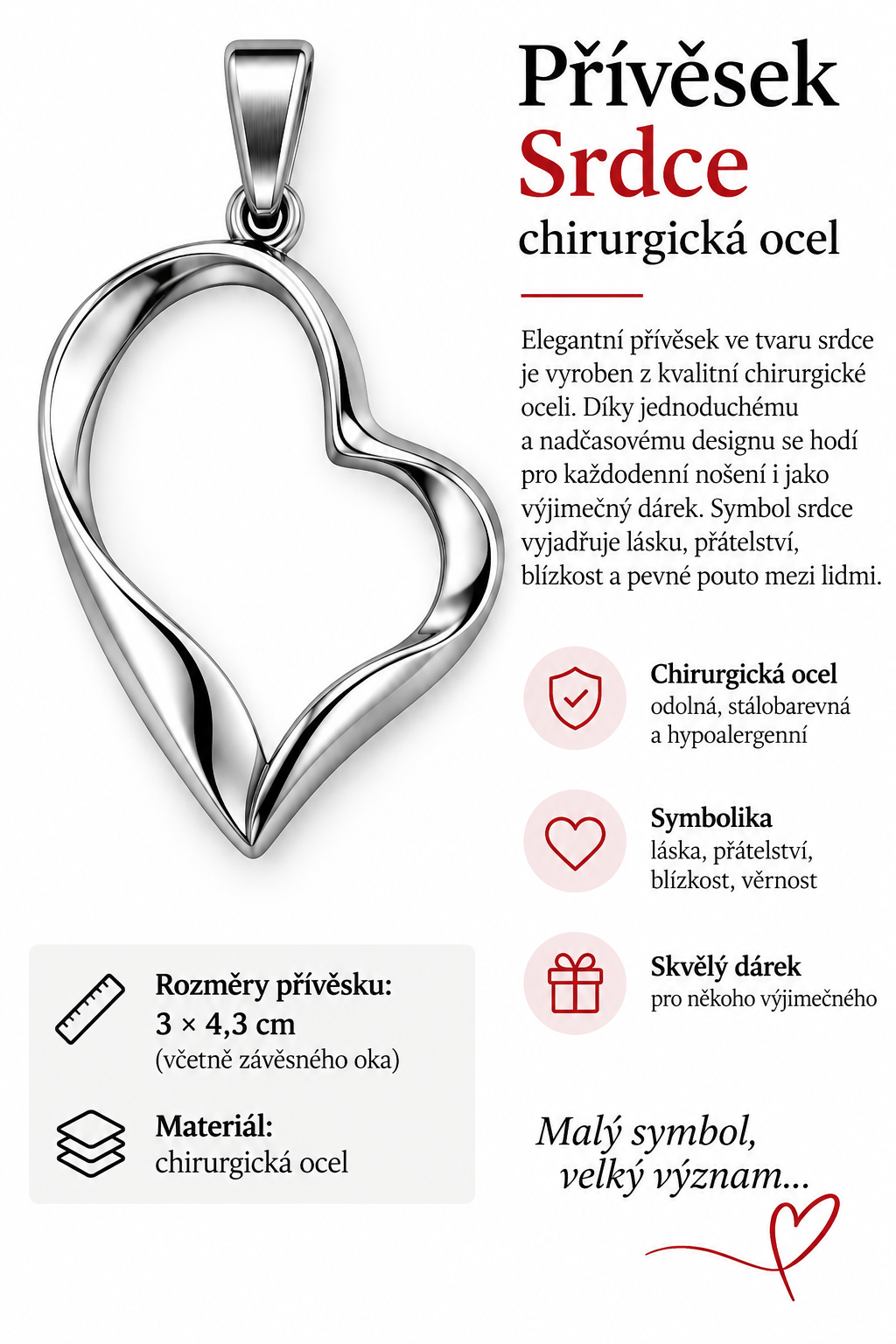 Přívěsek srdce tvarované z chirurgické oceli