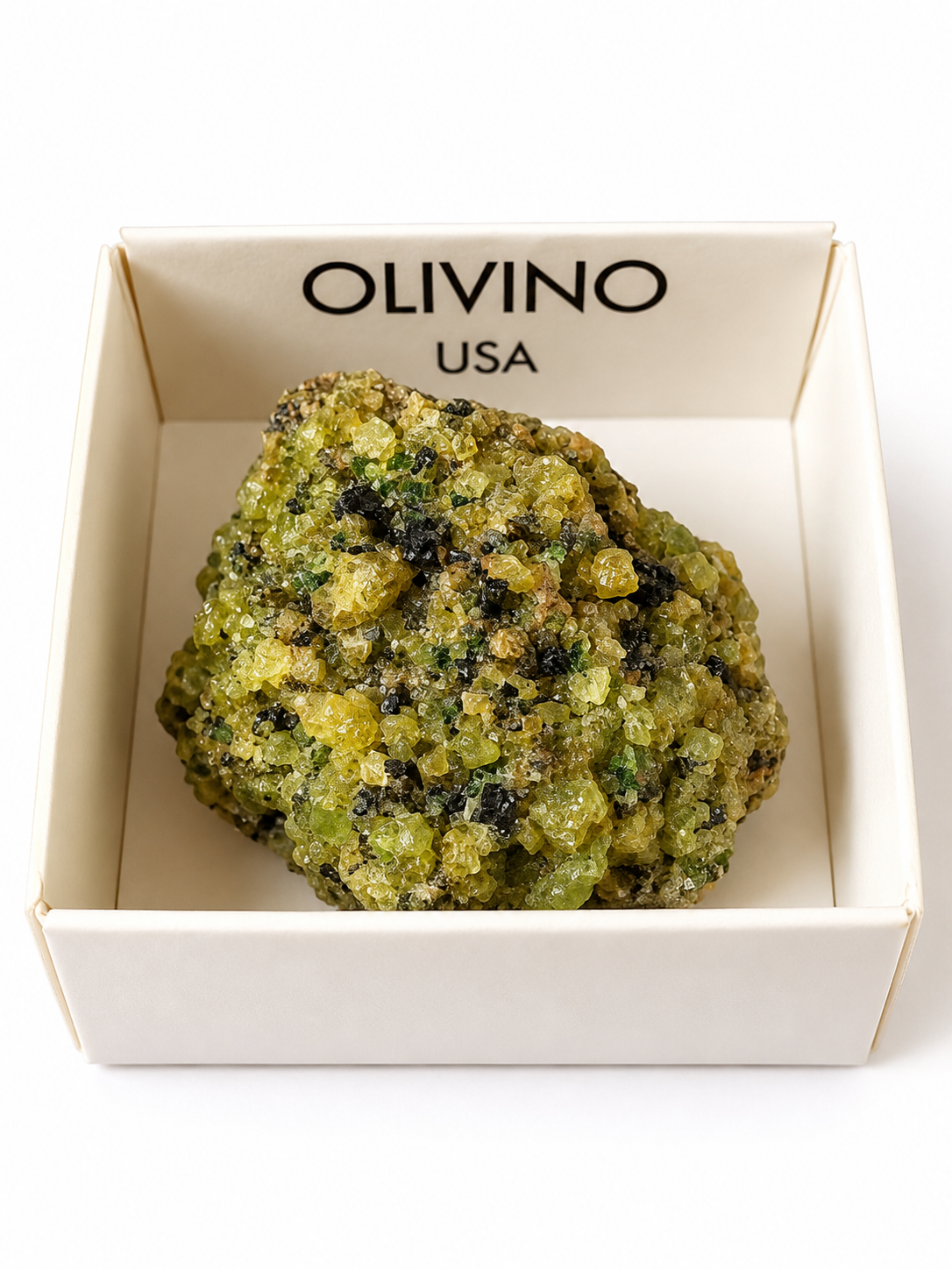 Olivín (Peridot) – přírodní minerál z USA v krabičce