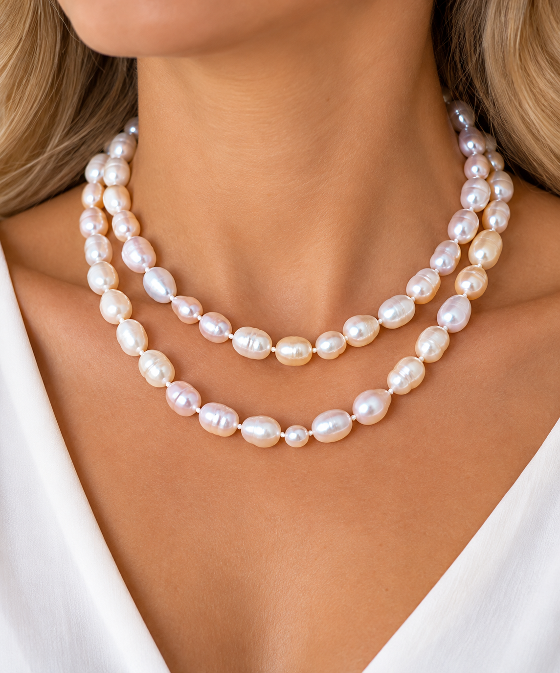 Pravé bílé říční perly – dlouhý perlový náhrdelník cca 120 cm, přírodní perly elegance