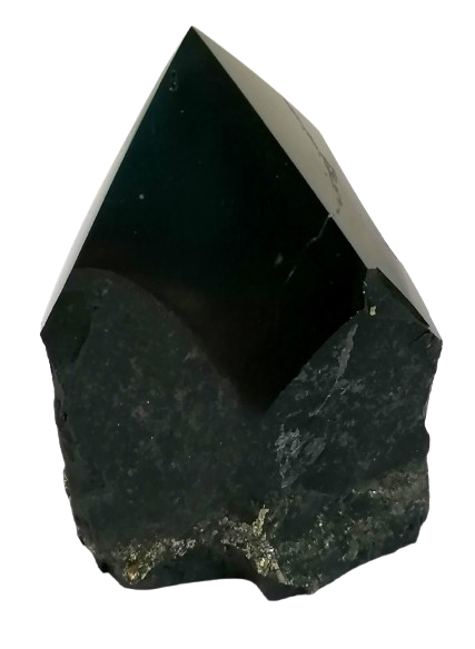 Šungitový hrot natur s pyritovou žílou (5,5 cm, 79 g) | pyramida + surový základ