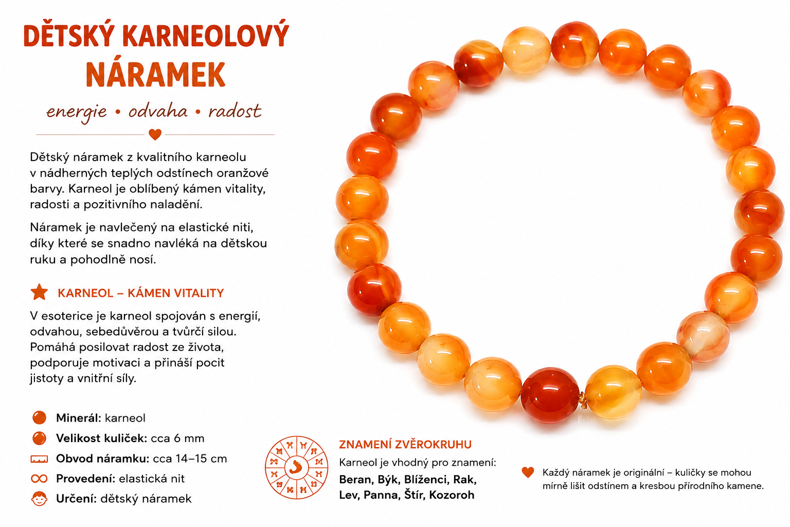 Dětský karneolový náramek 6 mm – energie, odvaha a radost