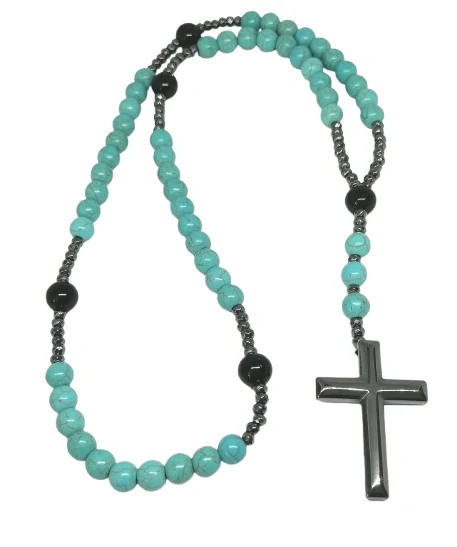 Pánský náhrdelník z tyrkenitu, hematitu a onyxu s křížkem – stylová kombinace síly a víry