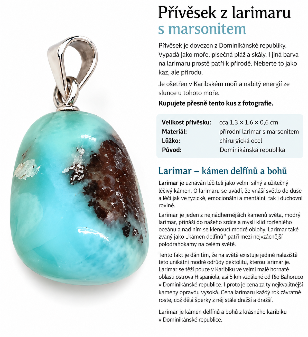 Přívěsek z larimaru s marsonitem – přírodní krása Karibiku