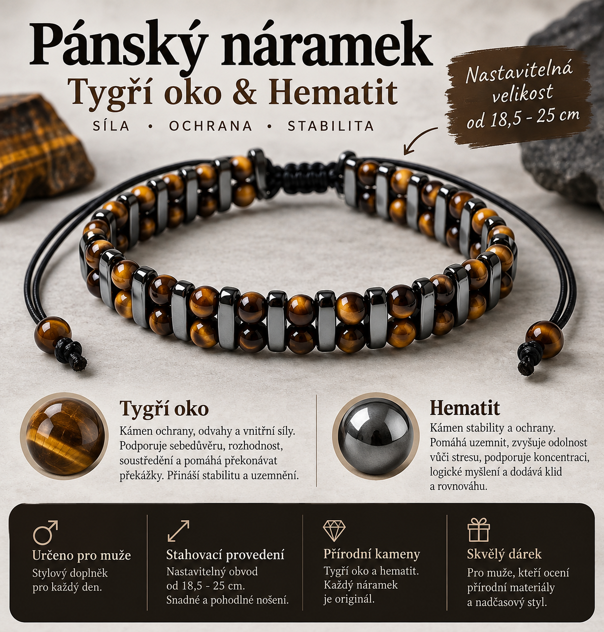 Pánský náramek Tygří oko a hematit – stahovací