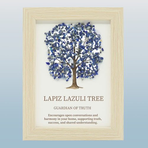 Strom života v dřevěném rámu s lapisem lazuli 21 × 15,5 cm – duchovní dekorace pro klid a ochranu