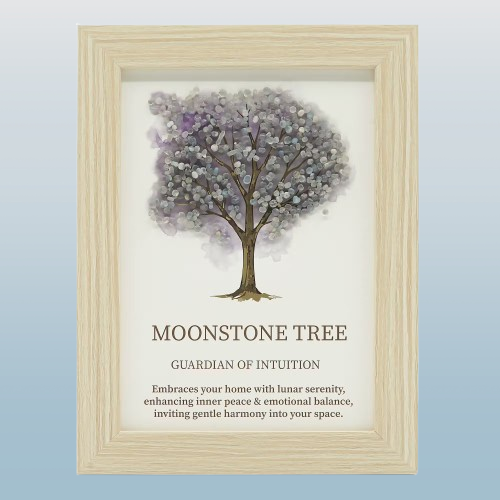 Strom života v dřevěném rámu s moonstone 21 × 15,5 cm – duchovní dekorace pro klid a ochranu