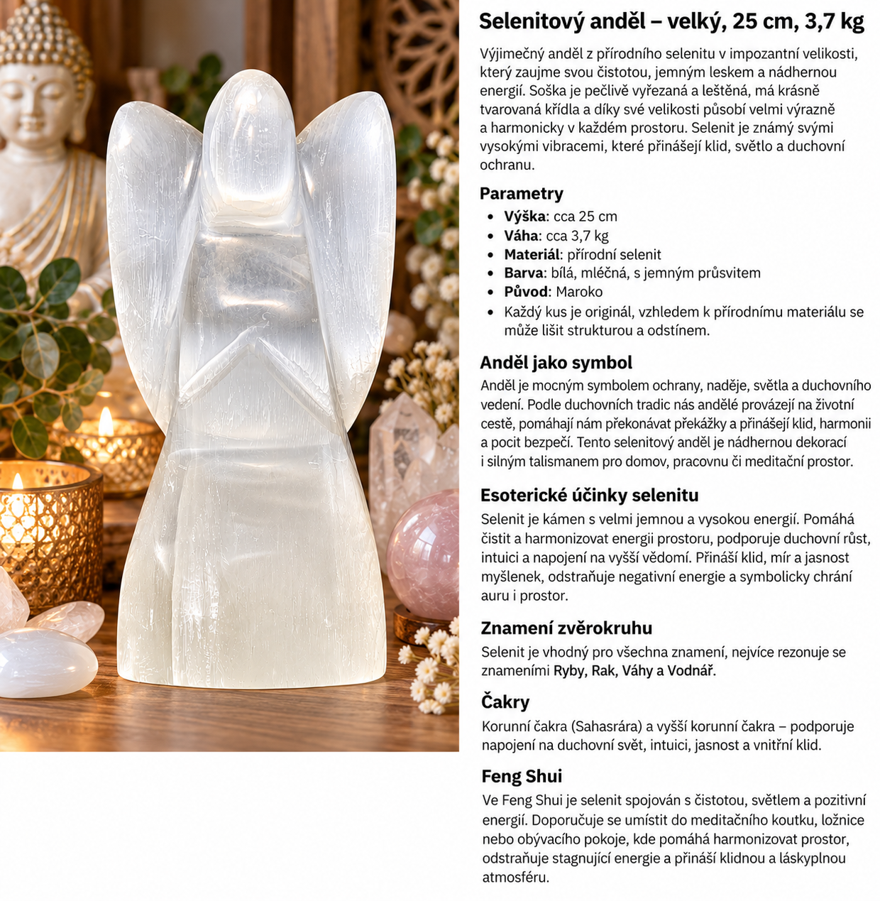 Selenitový anděl strážný XXL – 25 cm, 3,7 kg