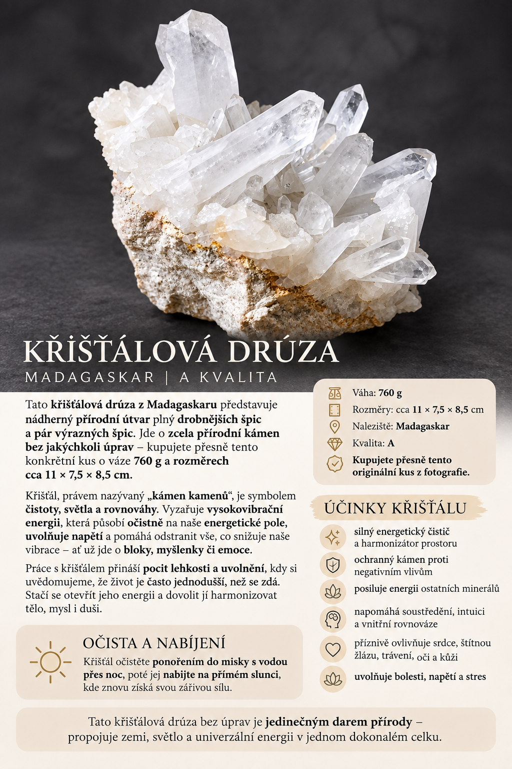 Křišťálová drůza z Madagaskaru, váha 760 g