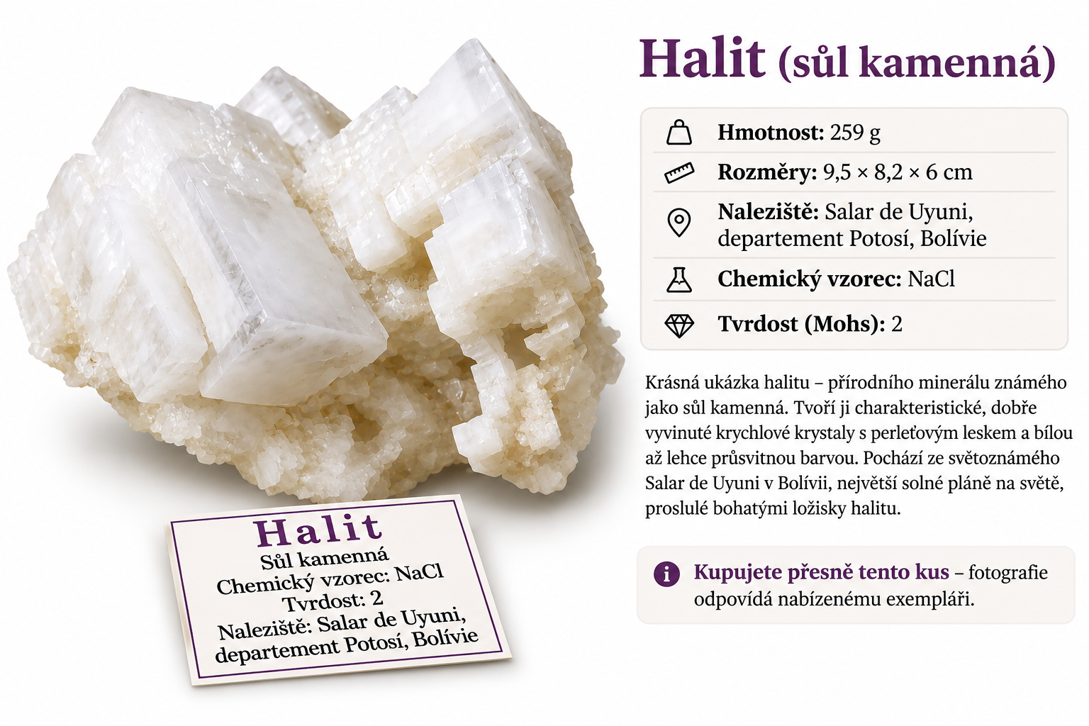 Halit, nádherný krystalický vzorek z Bolívie – 259 g