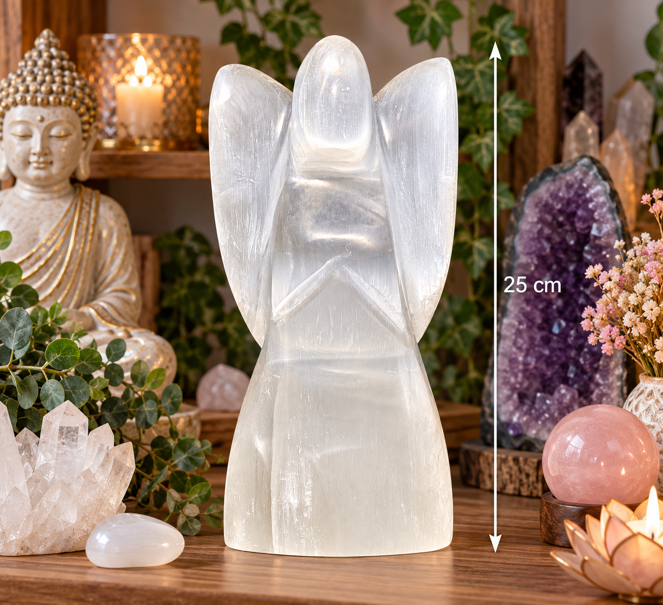 Selenitový anděl strážný XXL – 25 cm, 3,7 kg