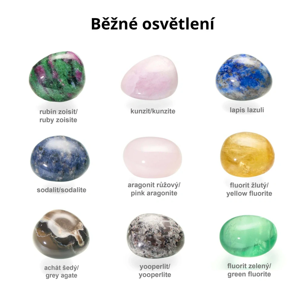 Sbírka - fluorescenční minerály,  9 ks tromlovaných kamenů