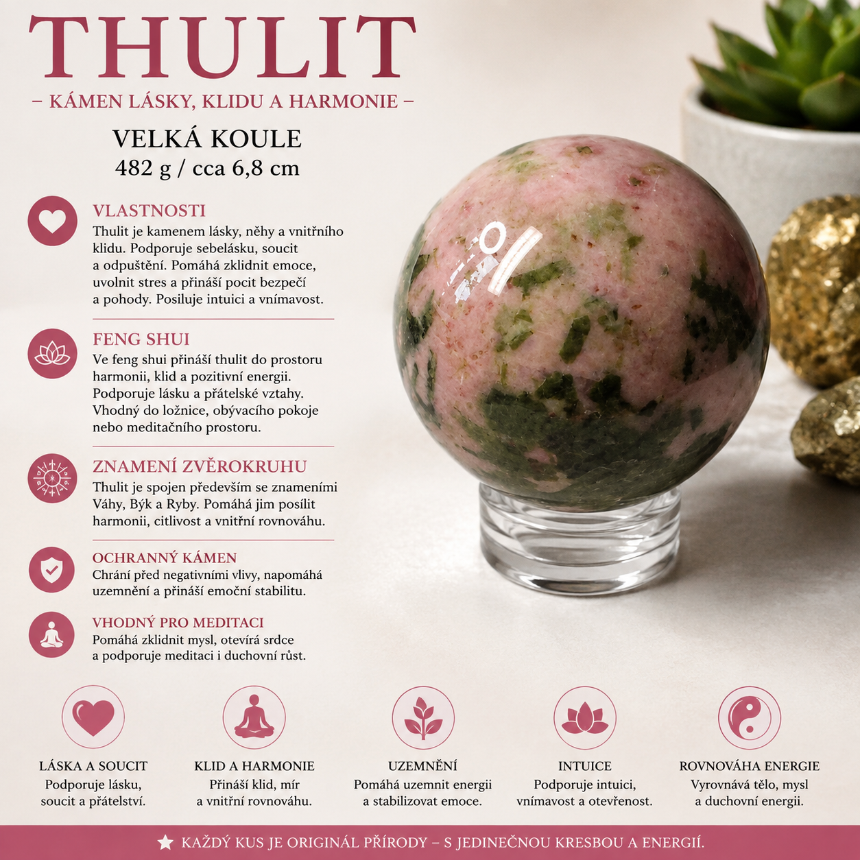 Thulit – velká koule 460 g / 6,6 cm | Láska, harmonie a životní energie