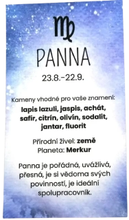 Esoterická kartička Panna – horoskop, planeta a živly na praktickém formátu