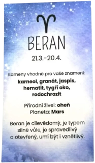Kartička ke znamení Beran – esoterický průvodce vlastnostmi, planetou a minerály