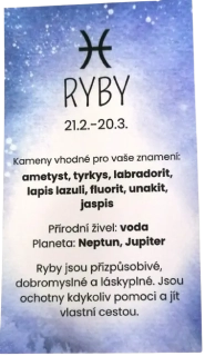 Ryby – kartička se znamením, charakteristikou a doporučenými kameny