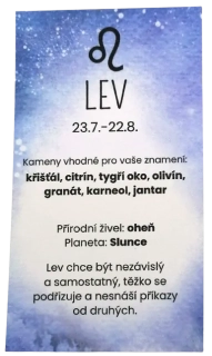 Esoterická kartička Lev – horoskop, planeta a živly v praktickém formátu