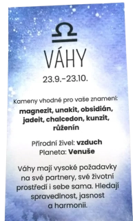 Kartička ke zvěrokruhu Váhy – harmonizace energie a esoterické informace