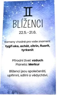 Kartička znamení Blíženci – osobní talisman a průvodce energií