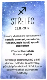 Střelec – kartička se znamením, charakteristikou a vhodnými kameny