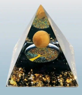 Orgonitová pyramida obsidiánová se stromem života a kuličkou z tygřího oka