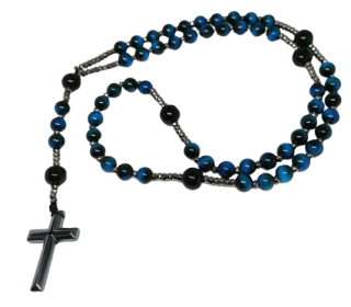 Pánský náhrdelník Modré tygří oko, onyx a hematit s hematitovým křížkem (60 cm)