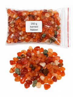 Karneol z Malawi – sekané kameny (chips 5–8 mm), balení 250 g – energie a krása přírody